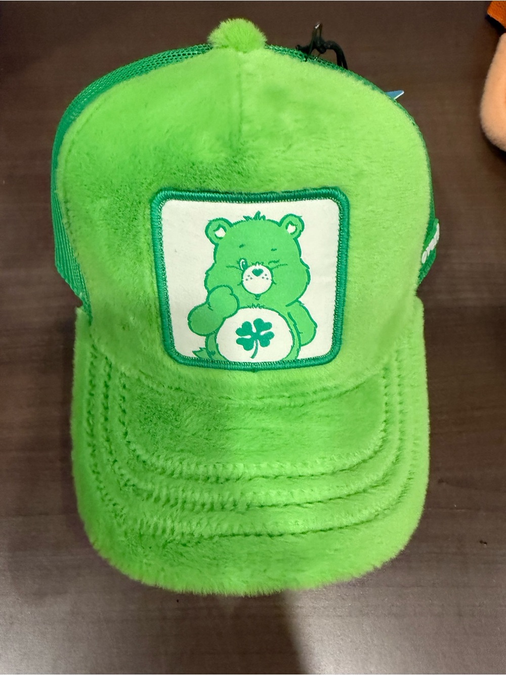Green Plush Kids Cap with Lucky Bear Patch